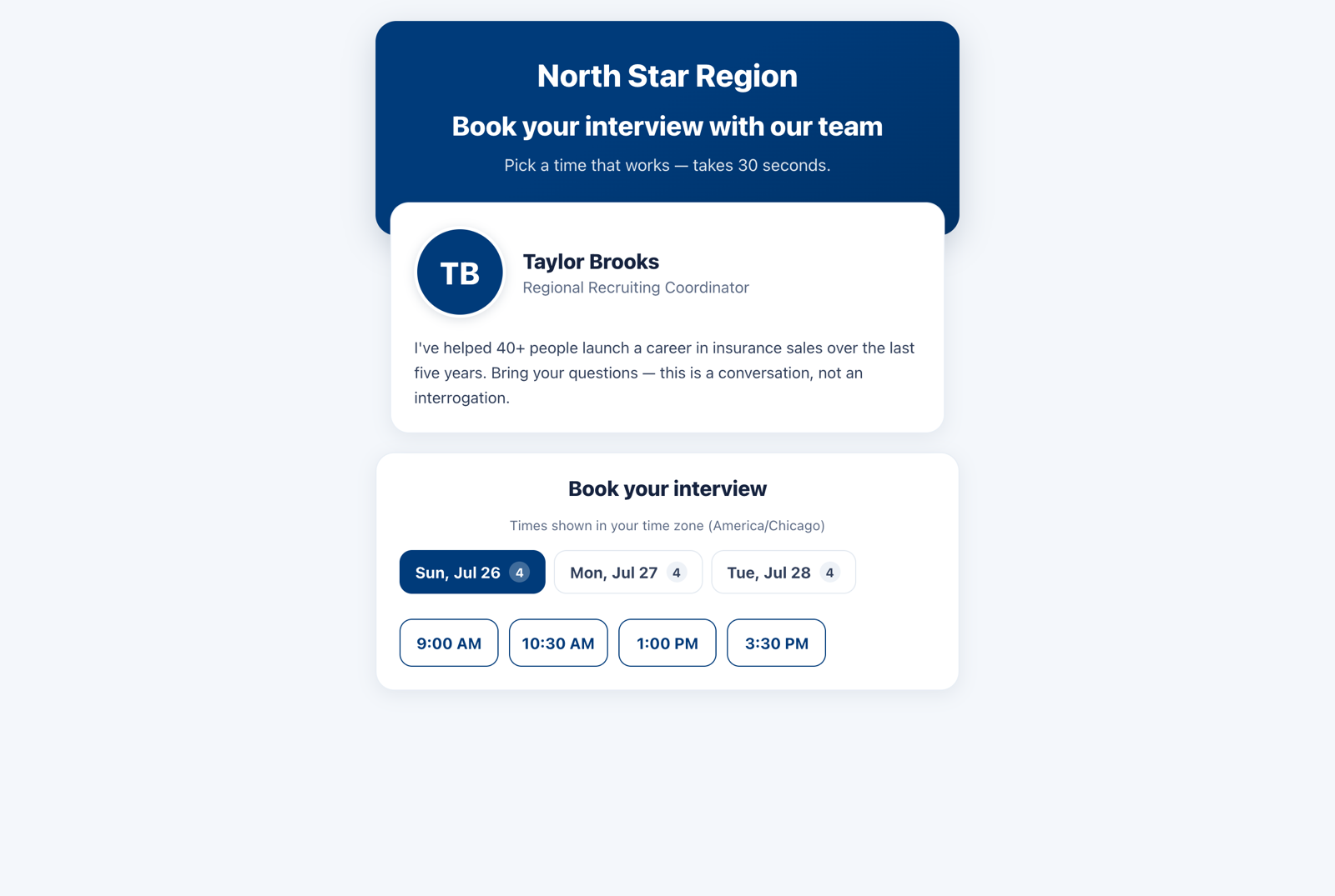 Public branded self-booking page with recruiter bio and available interview time slots