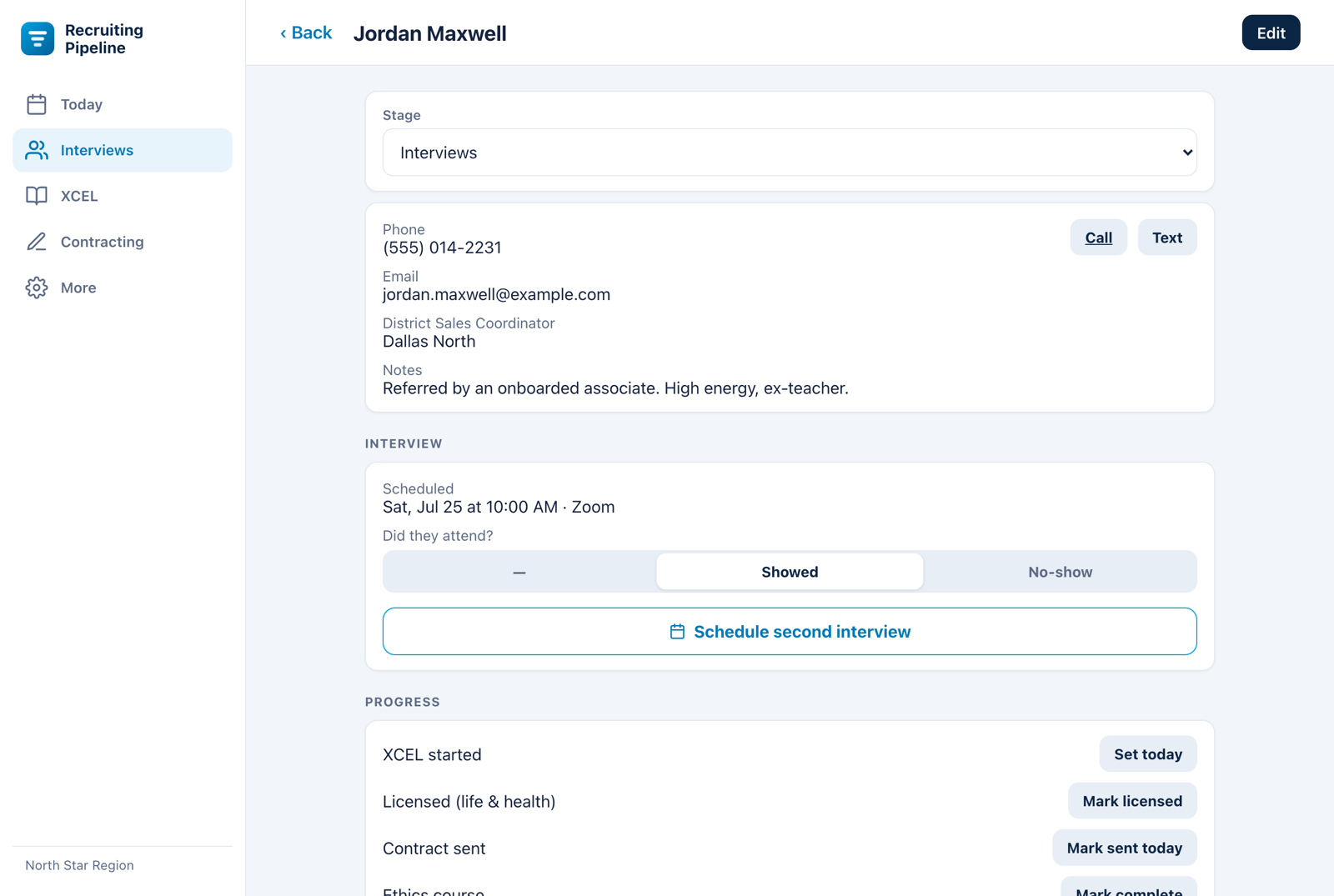Candidate profile with stage, contact details, interview attendance toggle, and licensing progress checklist