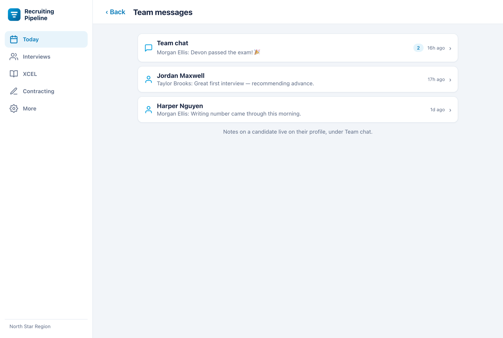Team messages with an org-wide chat and per-candidate threads