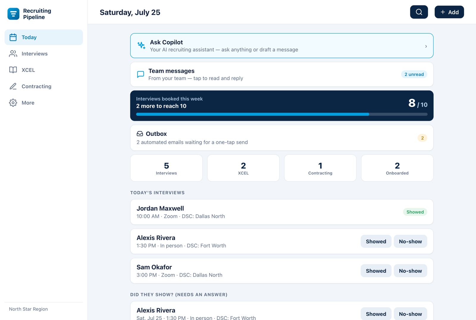 Recruiting Pipeline Today screen with weekly goal, outbox, and today's interviews